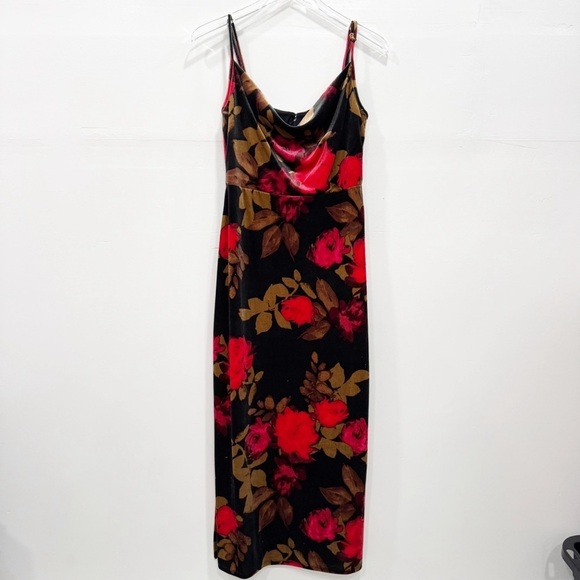 Taylor Printed Stretch Velvet Midi Dress Y2K Side Slits Thin Straps Evening 6 - Picture 2 of 10